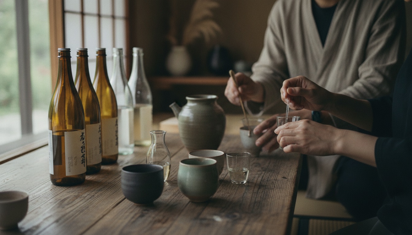 Tasting glasses and sake tools arranged in a refined Kyoto setting