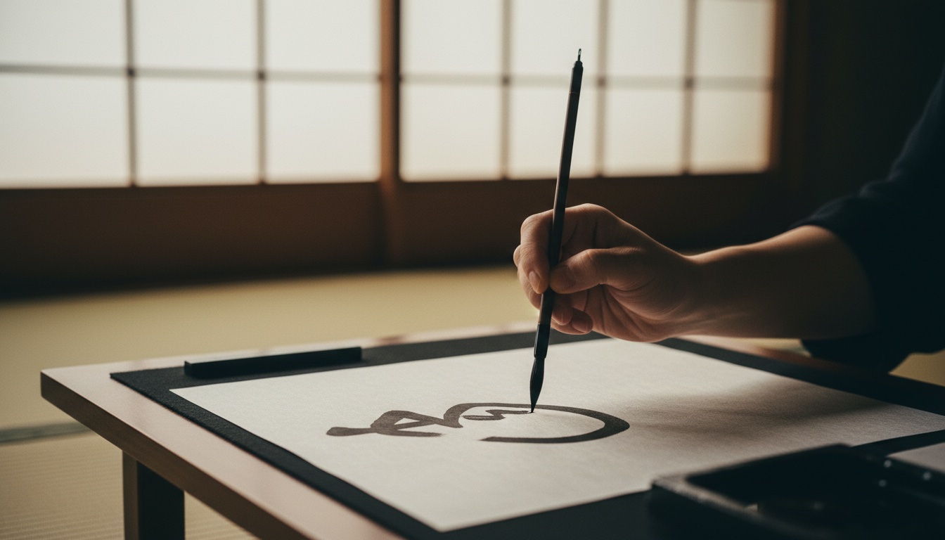 A brush stroke in progress at a Japanese calligraphy class in central Kyoto