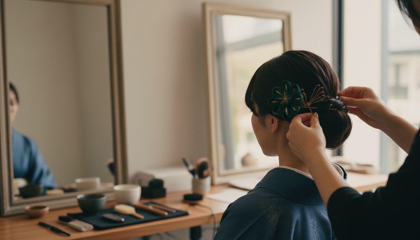 A kimono and obi sash arrangement at a Kyoto Shijo rental studio