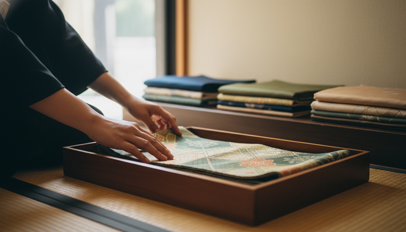 A kimono obi sash being arranged from a wooden tray at a Kyoto Gion rental studio