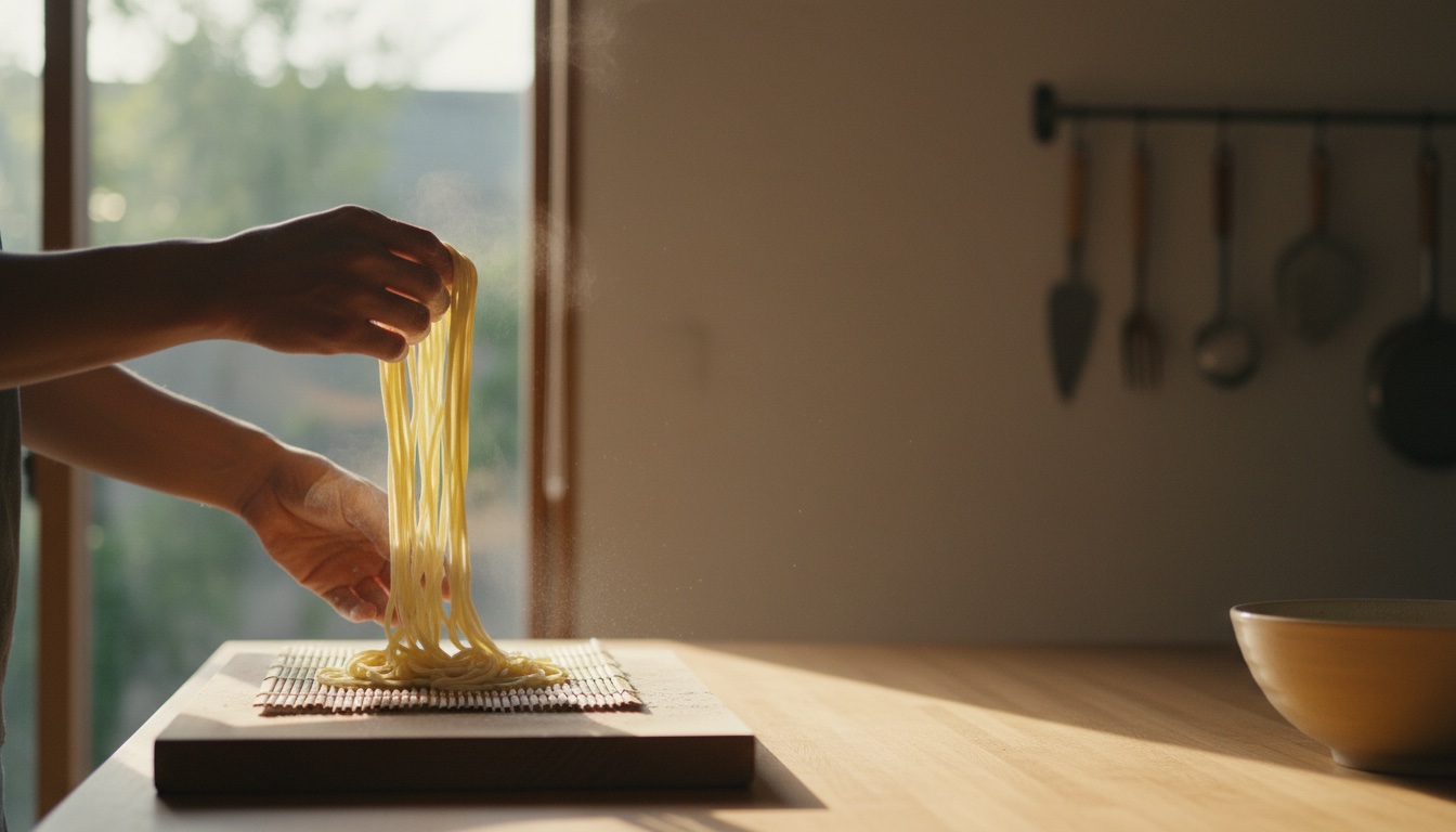 Hands lifting freshly cut ramen noodles from a wooden cutting board at Musoshin Ramen Academy in Kyoto