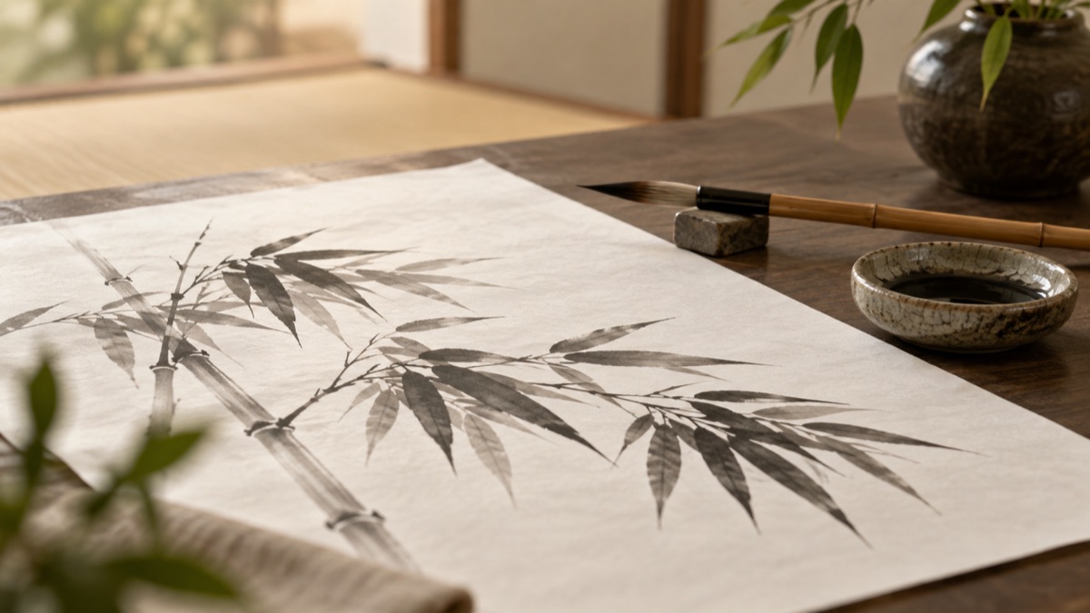 Illustrative bamboo ink painting with an unmarked brush