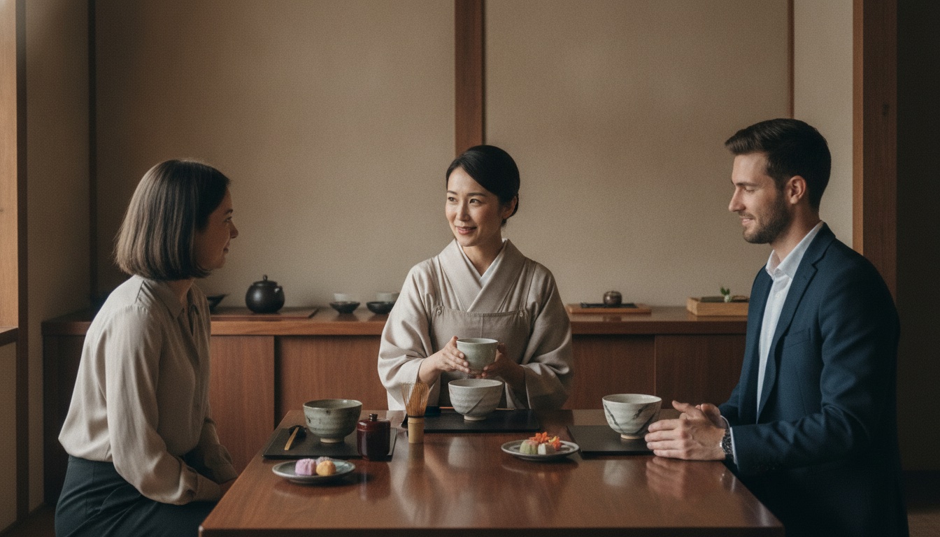 Soft morning light over a tea bowl and sweets in a calm Kyoto tea room