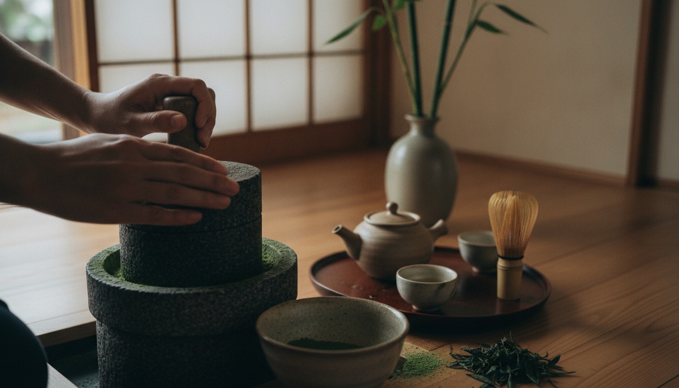 Tea utensils and stone-milling tools arranged in a calm Uji tea setting