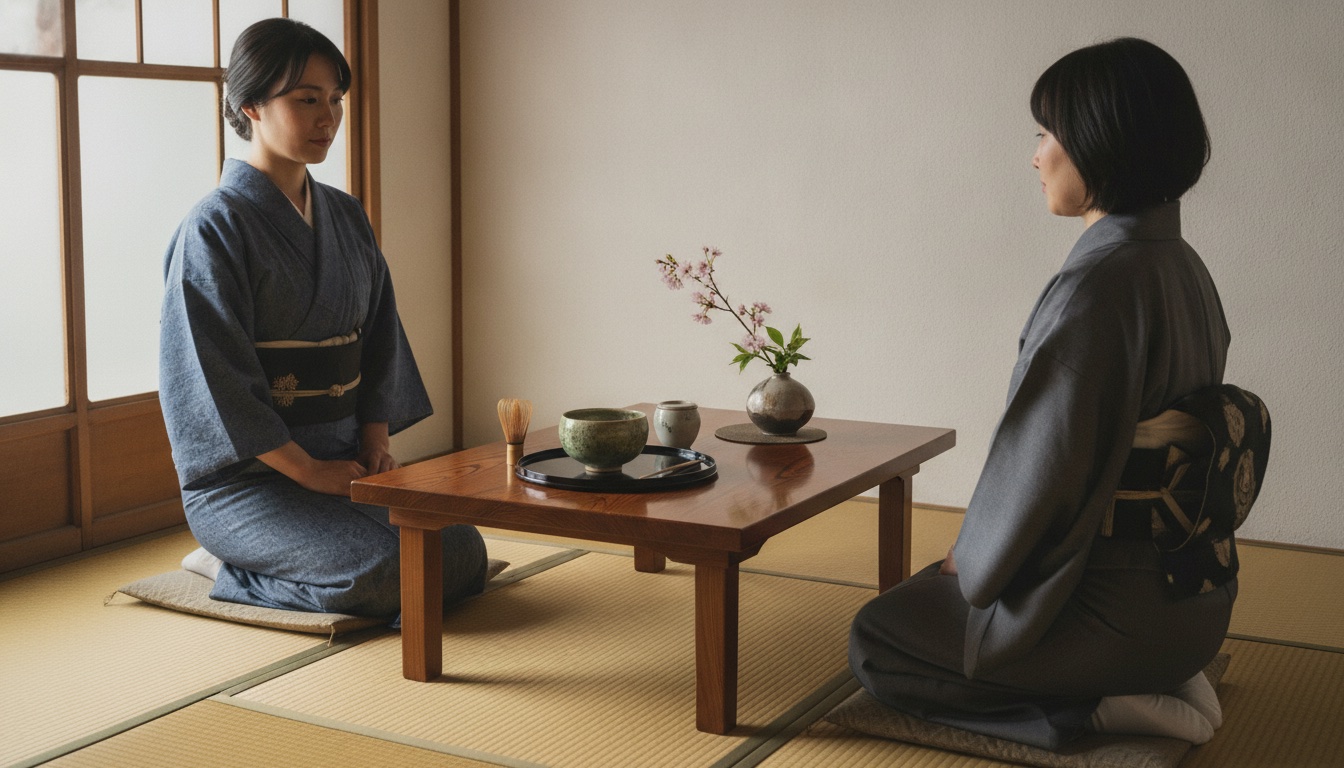 Seasonal flowers, tea utensils, and a quiet machiya room prepared for a Kyoto cultural session