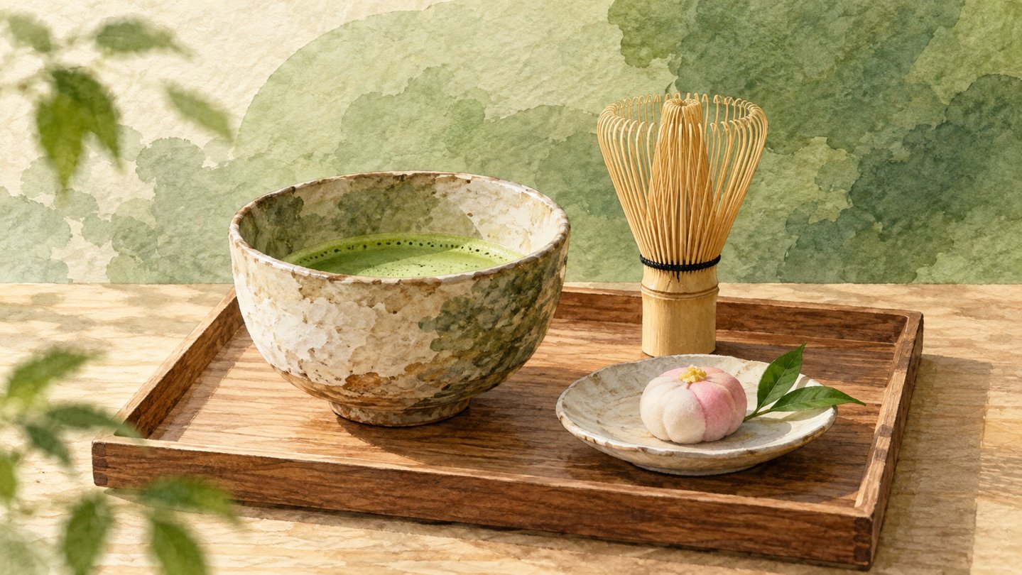 Illustration of matcha, a bamboo whisk and a small sweet