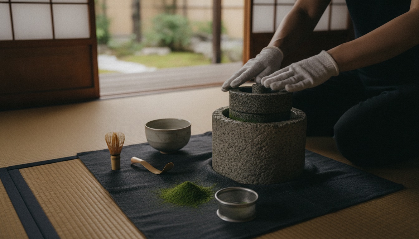 Tea utensils and green tea milling tools arranged for an Uji tea experience