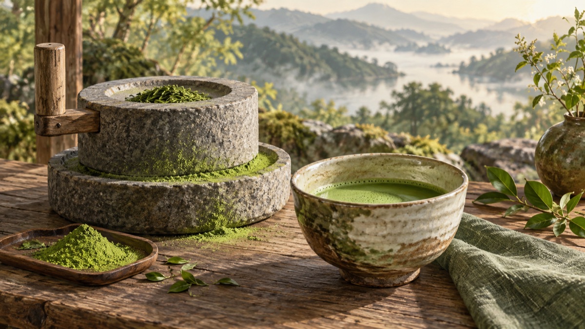 Illustrative stone tea mill and matcha bowl