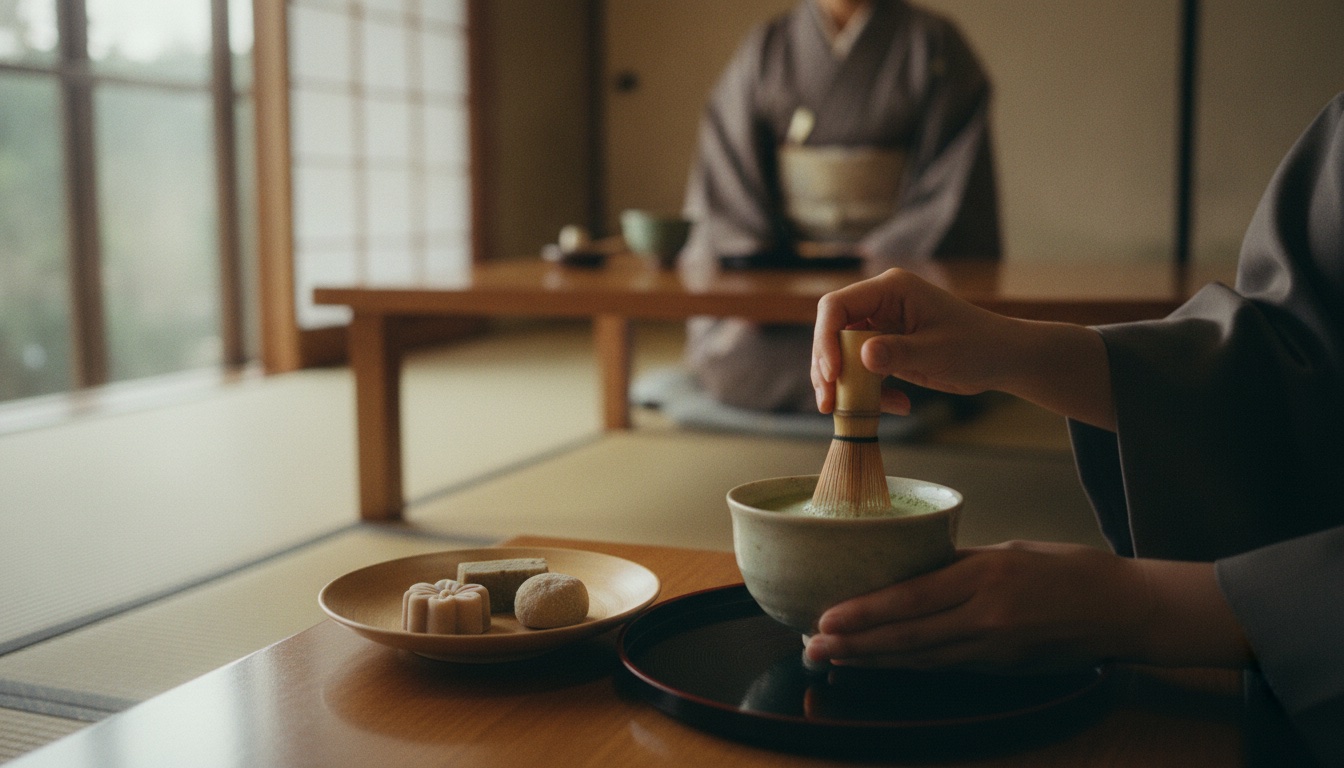 Matcha and traditional Kyoto sweets served in a calm tearoom setting near Kyoto Station