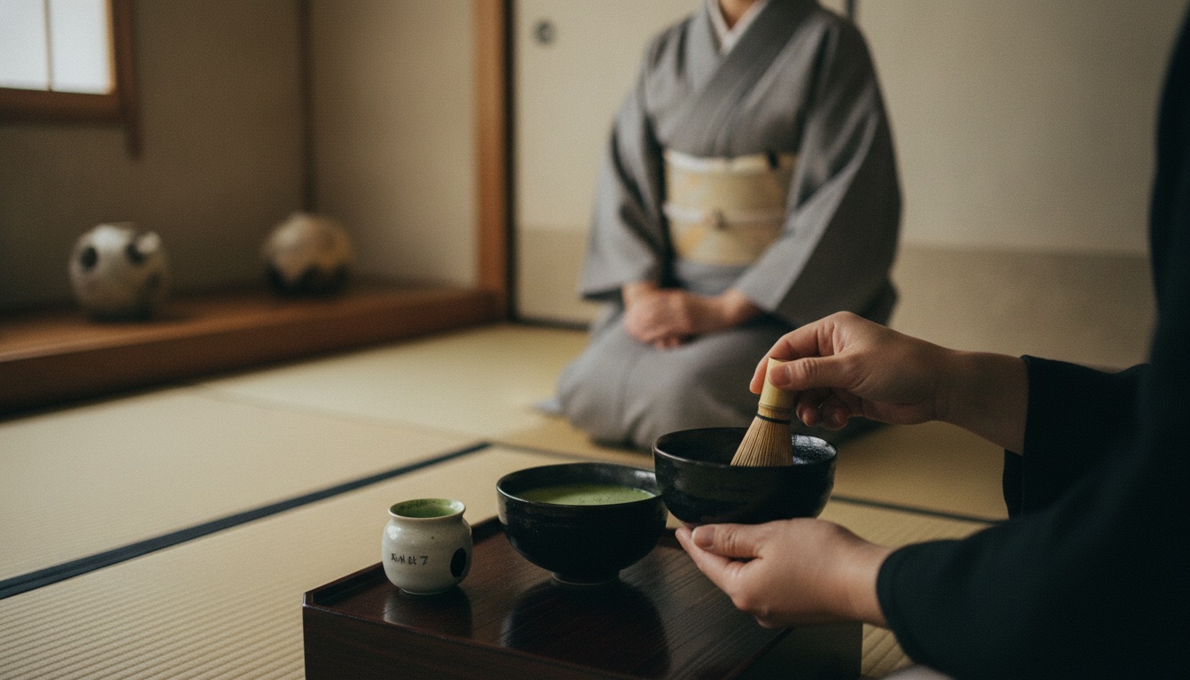 Matcha tools and sweets set in a calm tea space in Uji, Kyoto