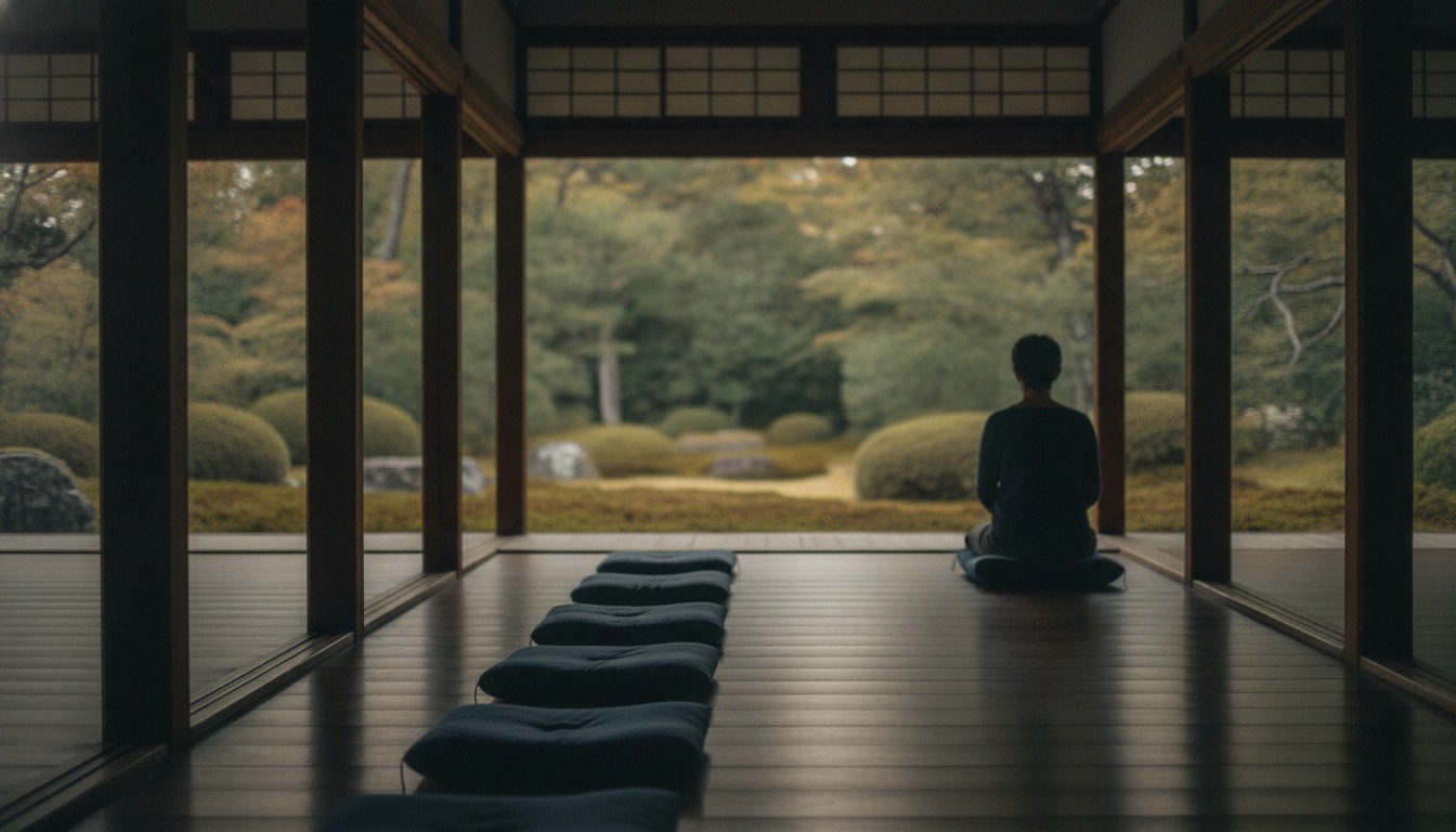 Quiet temple hall and garden atmosphere prepared for a contemplative Kyoto visit