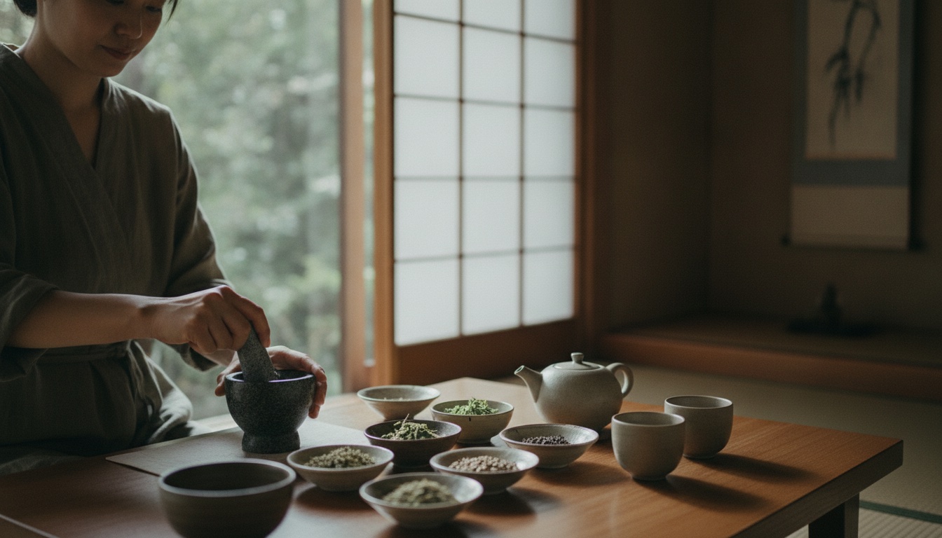Quiet temple morning with zazen cushions, a garden view, and a simple breakfast tray