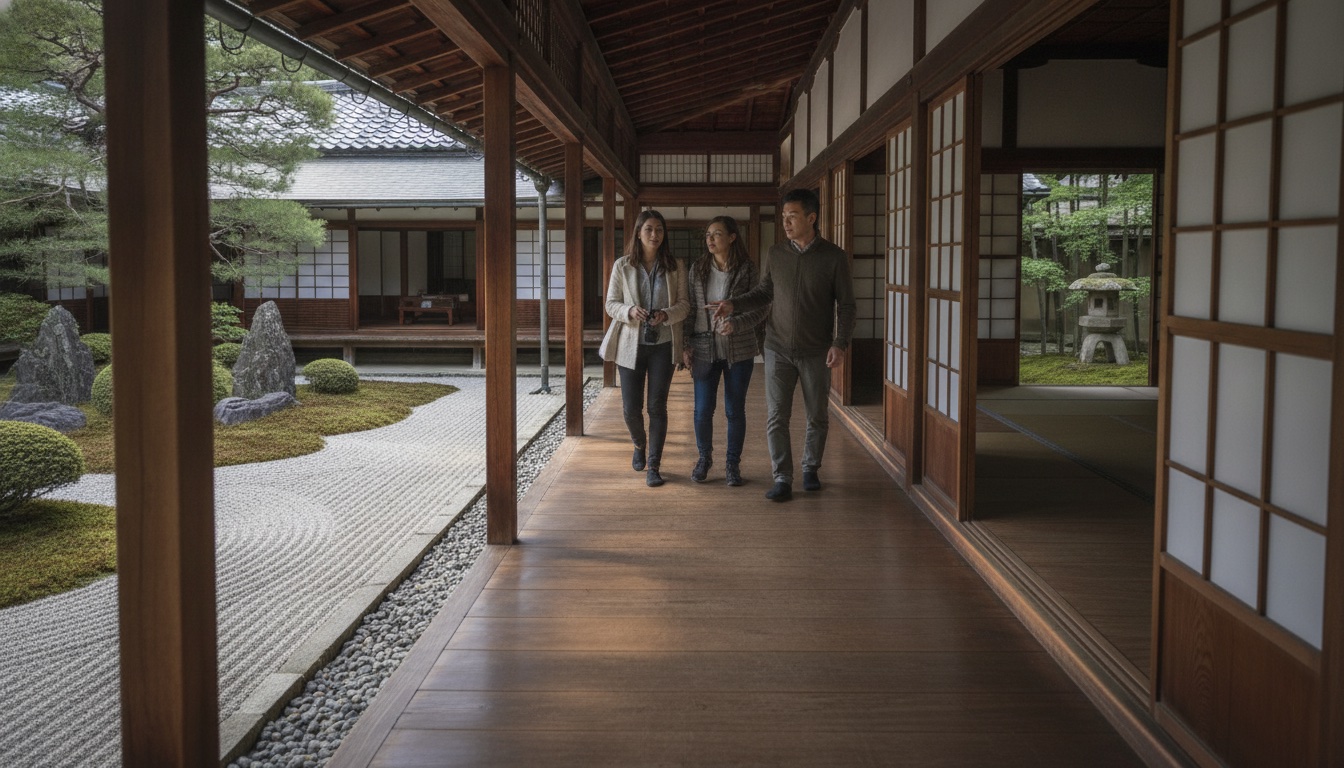 Quiet wooden temple corridors and a Zen garden atmosphere in Kyoto
