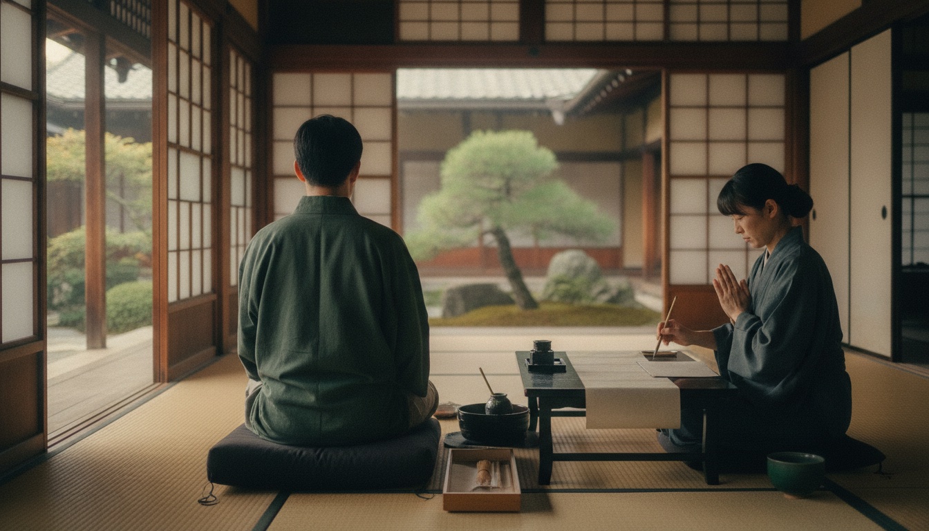 A serene Kyoto temple hall and rock garden prepared for a quiet Zen practice session