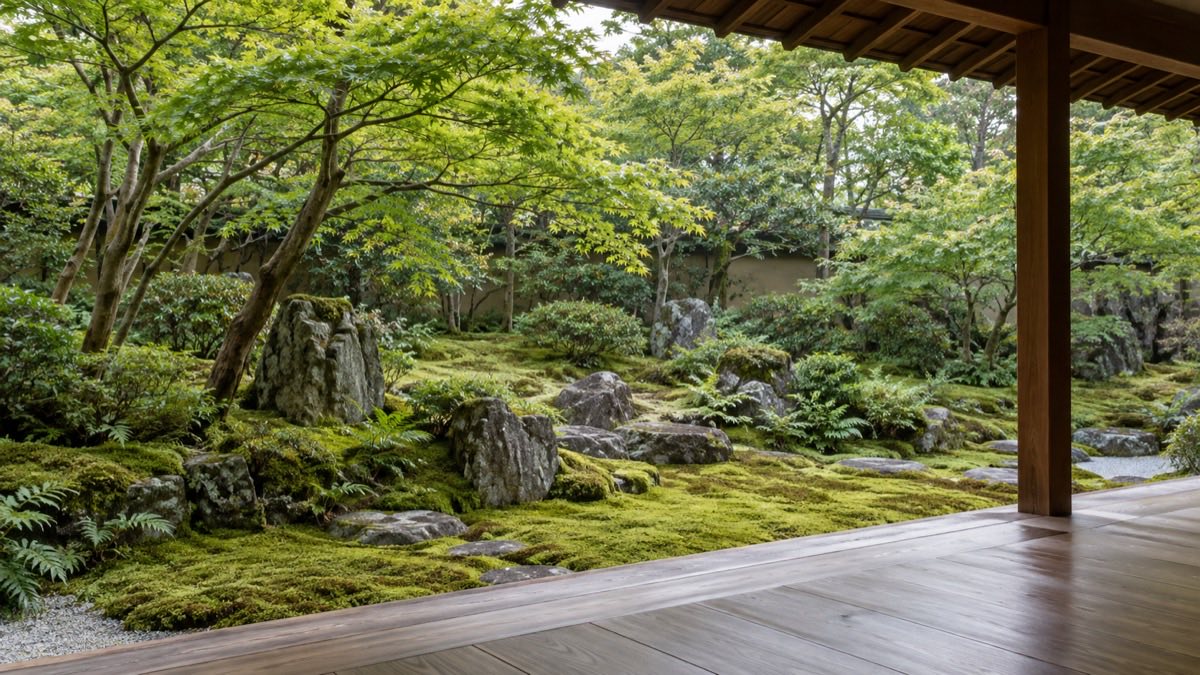 Generic illustrative timber veranda looking onto a moss garden