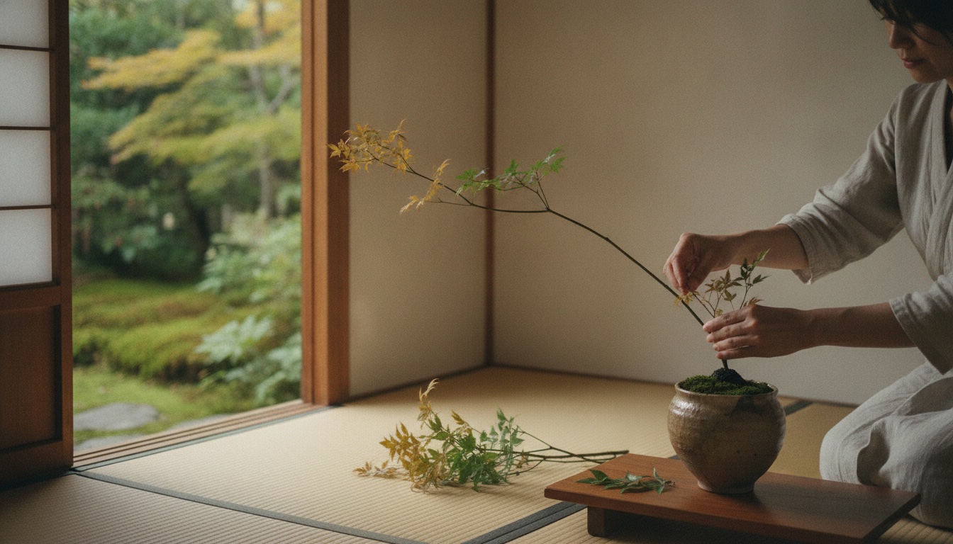 Quiet temple architecture and ikebana materials prepared inside a refined Kyoto setting