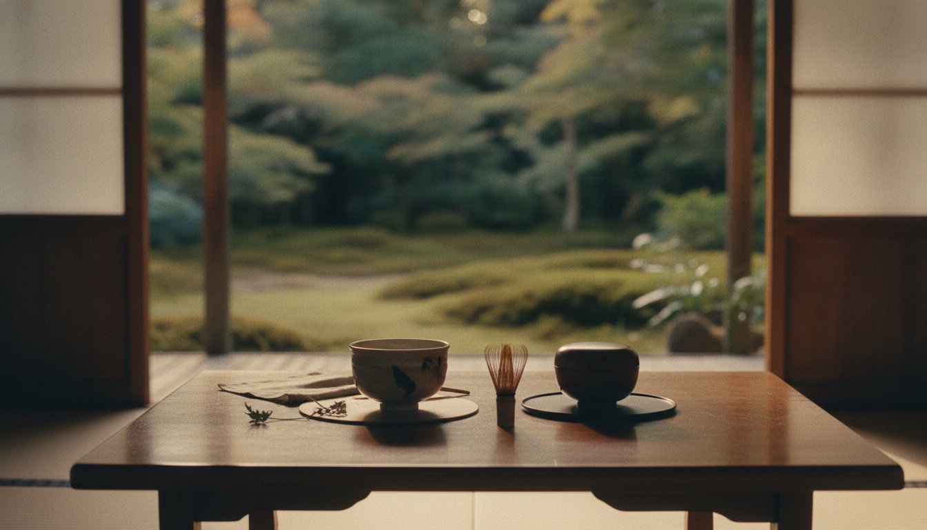 A serene temple setting with tea elements and a sense of quiet historical space in Kyoto