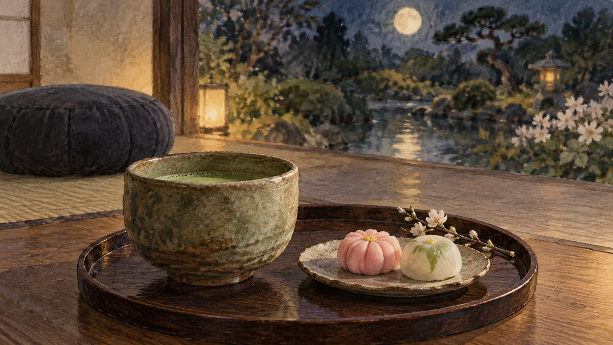 Illustration of matcha, sweets and a meditation cushion beside an imagined night garden