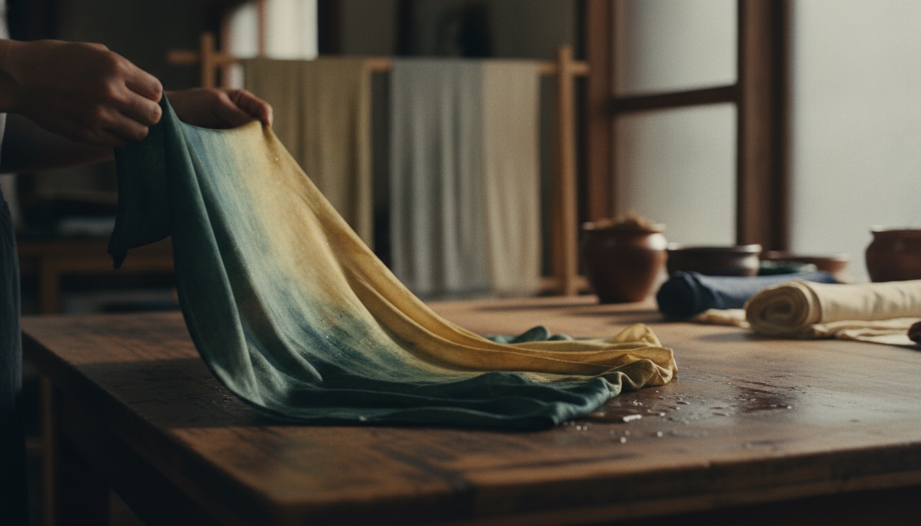 Hand-dyed silk fabric and traditional textile tools arranged in a Kyoto craft workshop