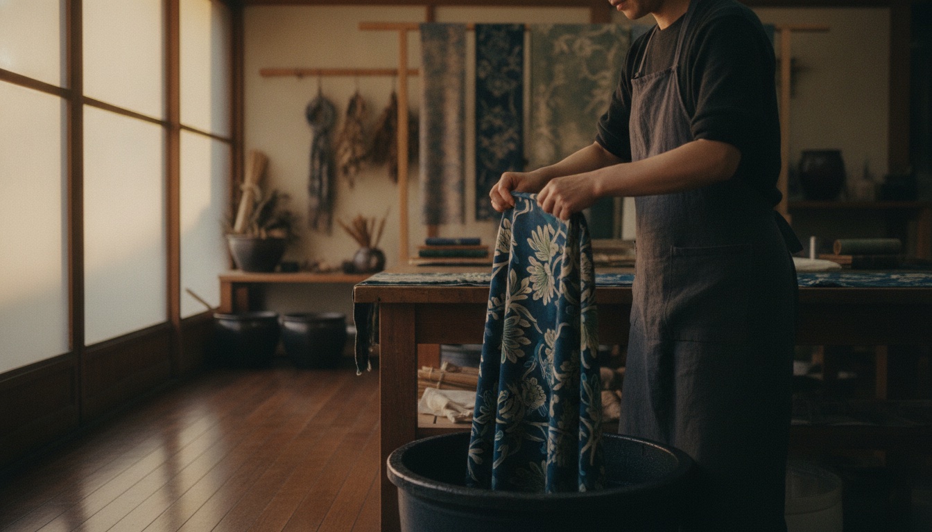 Flowing dyed fabric and hand-applied color in a compact Kyoto textile studio