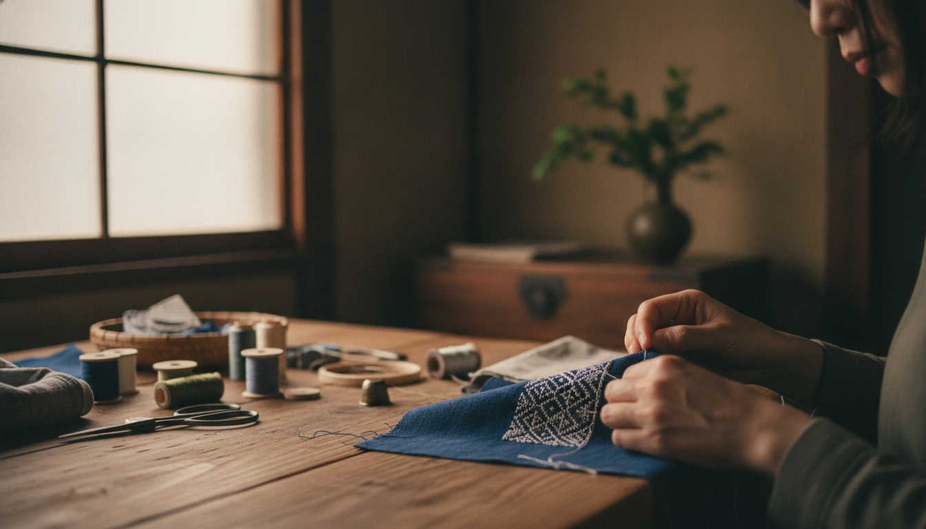 Indigo thread, stitched geometric patterns, and a small handmade textile accessory in a Kyoto townhouse setting