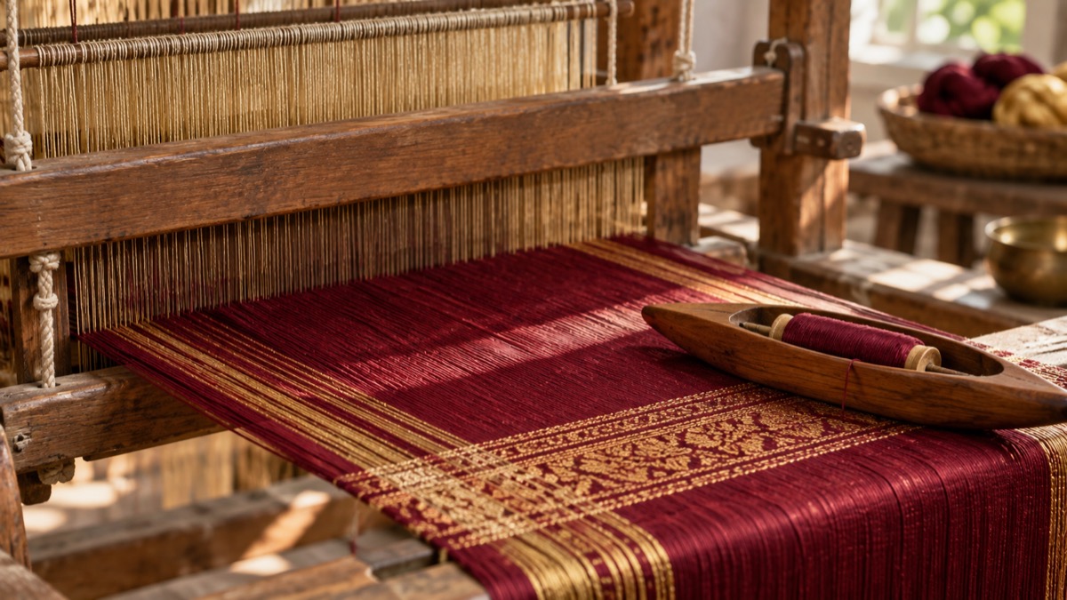 Illustrative silk threads and shuttle on a wooden hand loom
