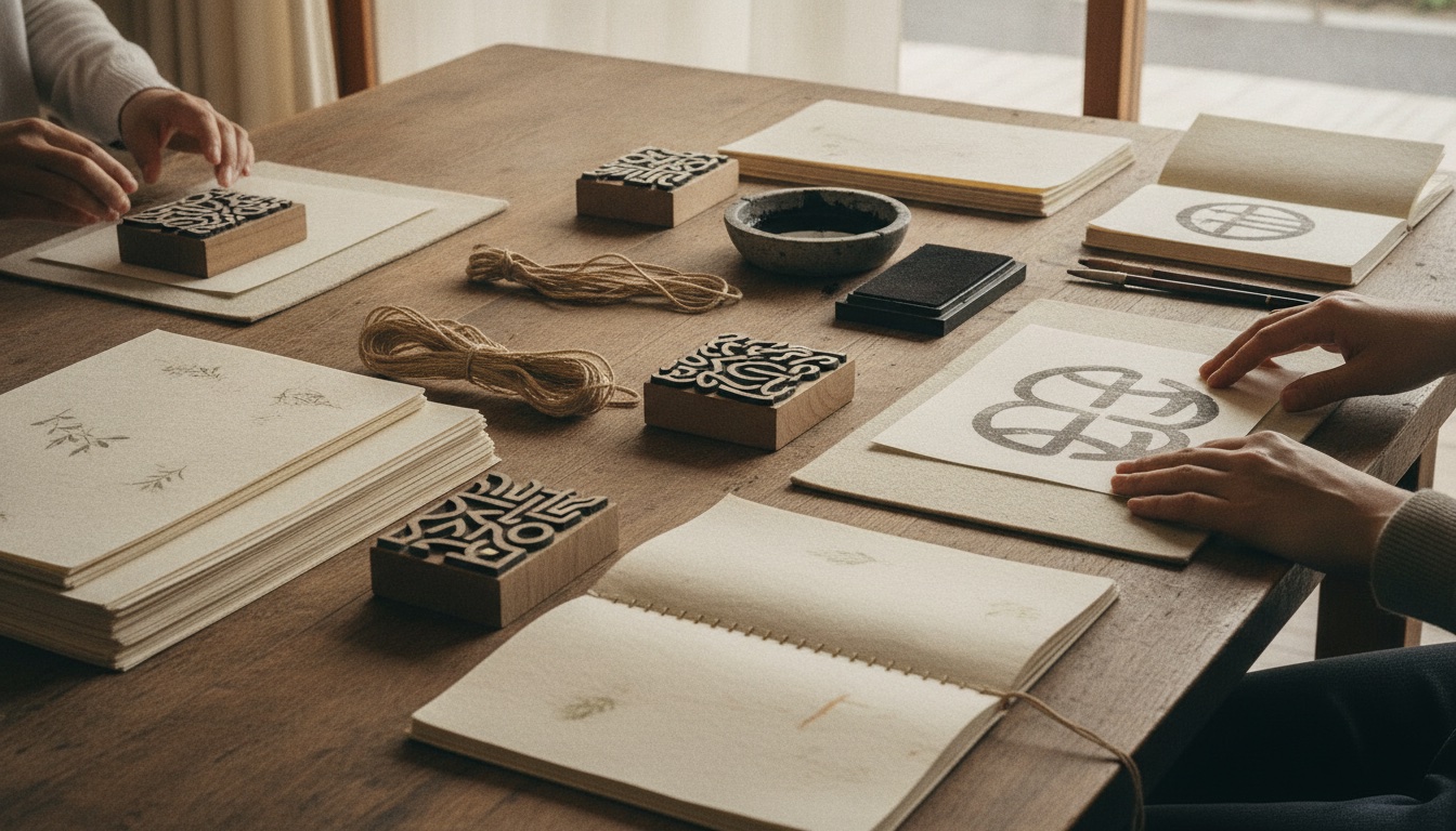 Traditional Kyoto paper, print blocks, and journal materials prepared for a craft workshop