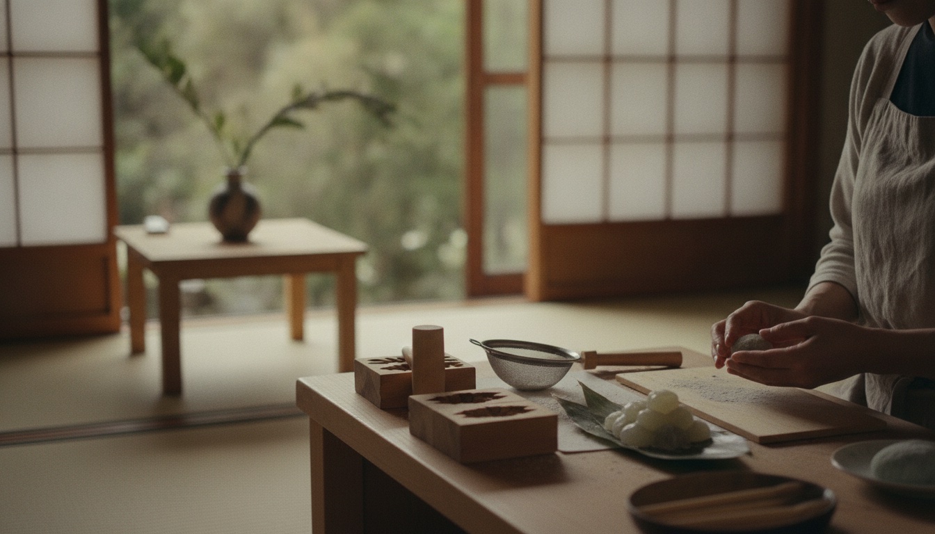 Illustrative seasonal wagashi and confectionery tools in a Kyoto workshop setting