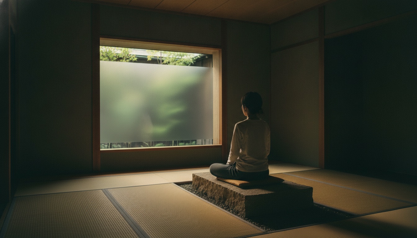 A quiet meditation room in Kyoto with low light, natural materials, and a calm contemplative atmosphere