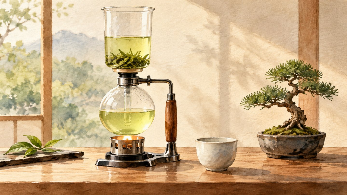 Illustration of a glass tea siphon, plain cup and bonsai