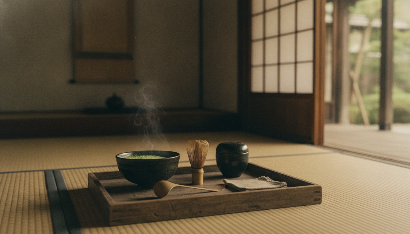 Incense utensils and a low table arranged in a quiet historic Japanese room
