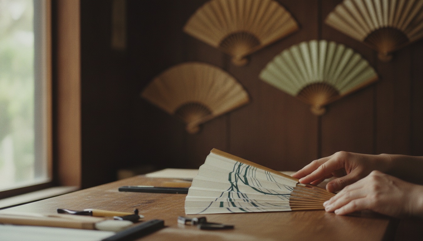 A handmade folding fan being assembled on a wooden craft table