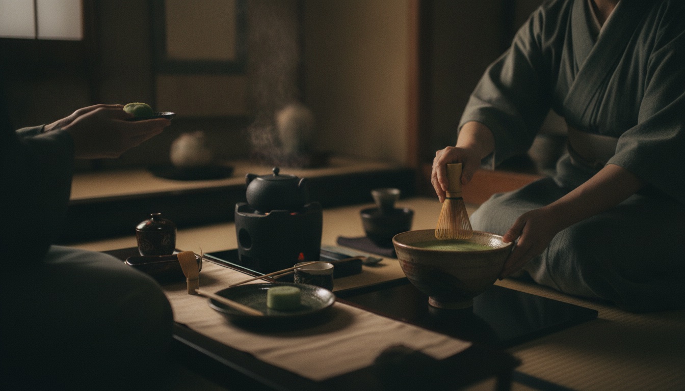 A quiet tea room in Nagoya prepared with matcha and seasonal sweets