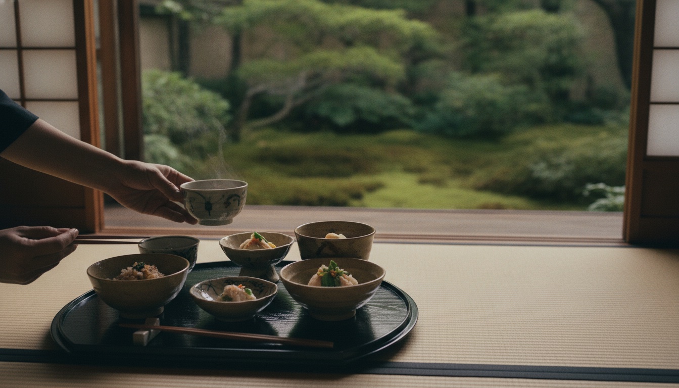 Refined kaiseki table setting inside a historic Nara ryotei