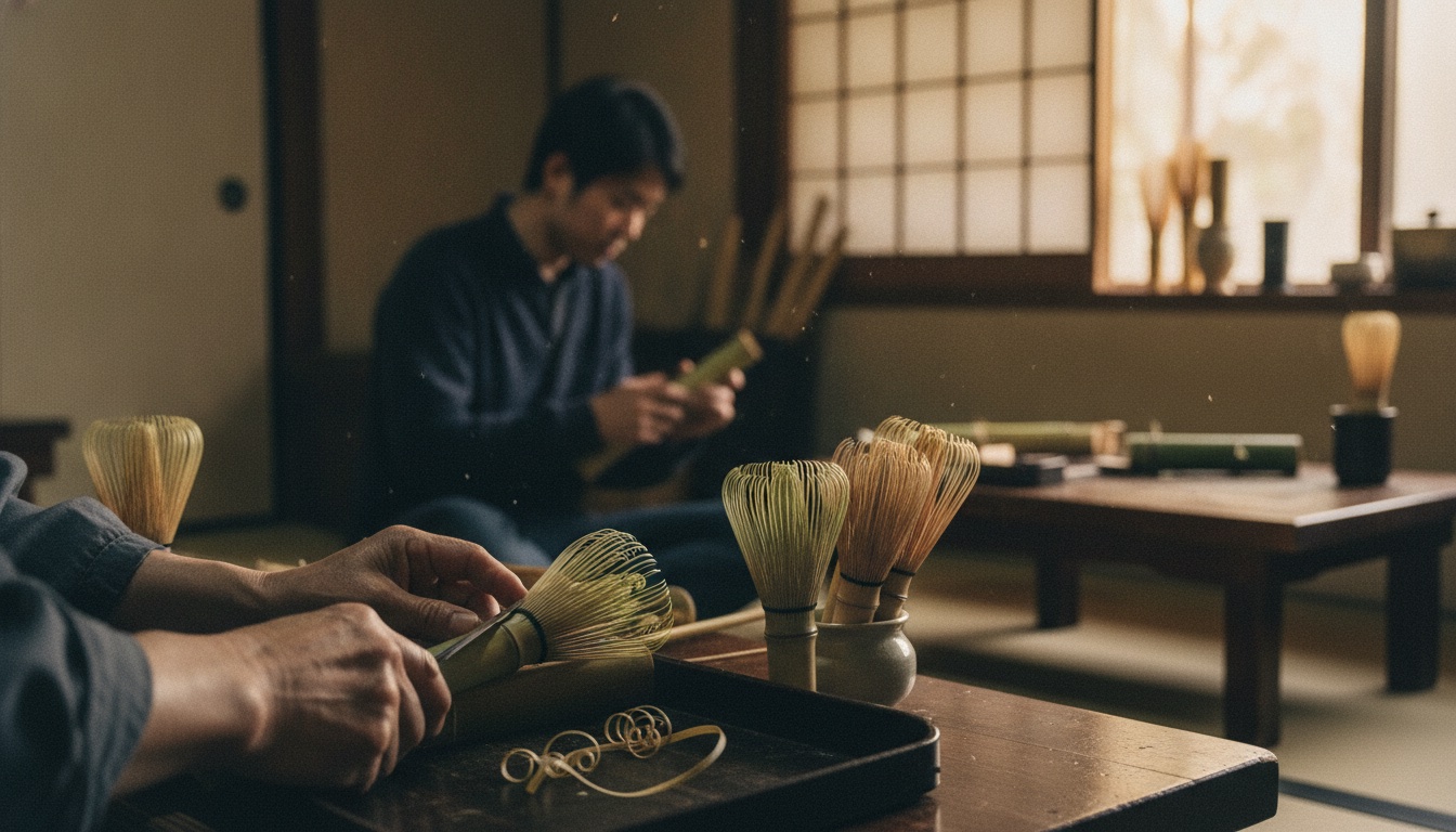 Fine bamboo tea whisks and handwork tools arranged in a traditional craft workshop in Nara