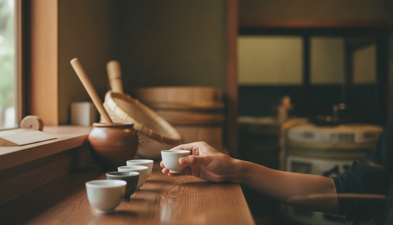 A quiet sake brewery tasting setup with polished cups and brewing tools in Nara