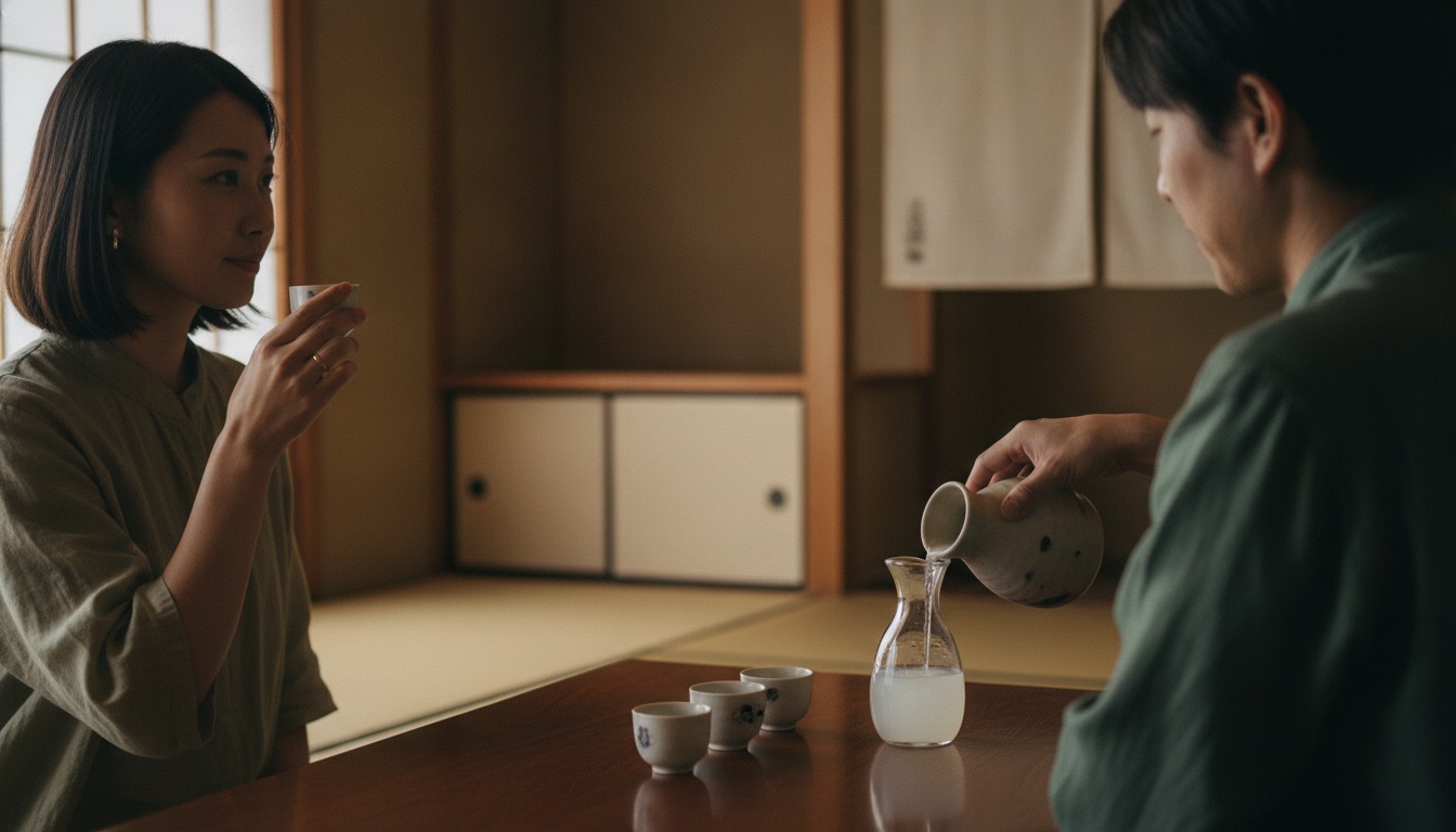 Sake glasses, bottles, and a calm brewery tasting room prepared for a guided session in Nara