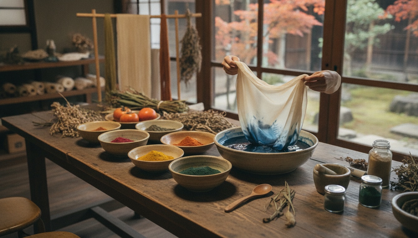 Silk fabric, natural dye colors, and a calm hands-on craft atmosphere in Nara