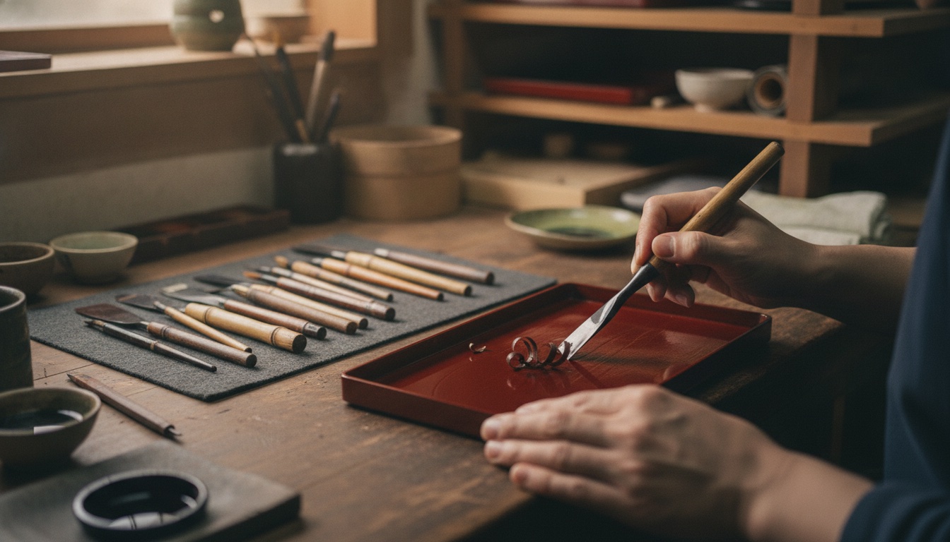 Hand-carved wooden tray and lacquer tools arranged in a quiet artisan workshop