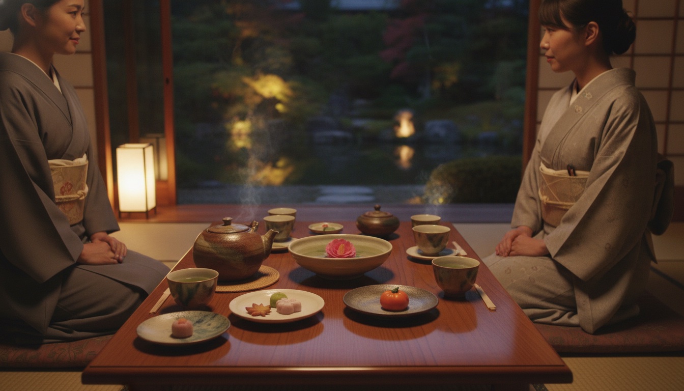 Evening tea setting with cups, kettle, and sweets arranged for a guided tasting