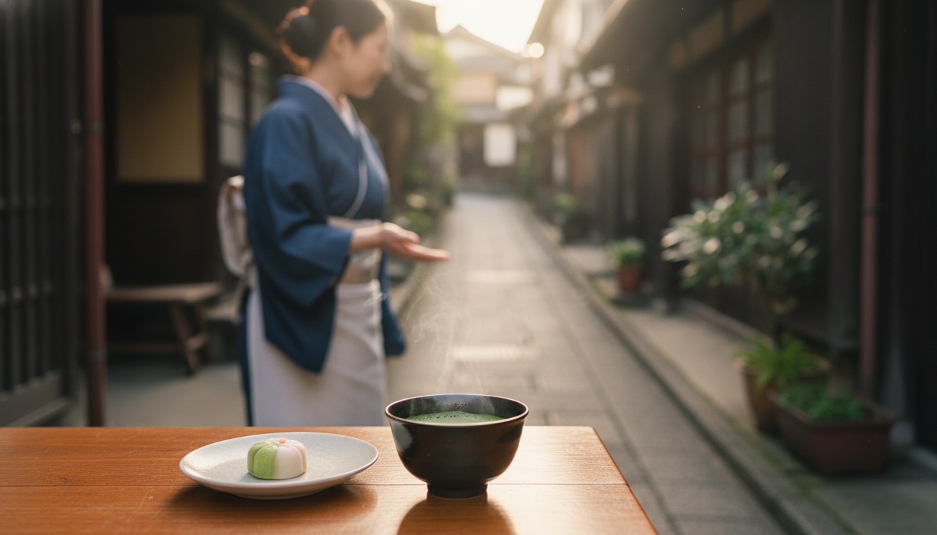 Tea cups, old-town streets, and a calm teahouse atmosphere in Onomichi