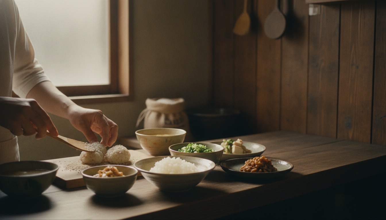 Koji seasonings and a home-style Japanese cooking setup prepared for a guided lesson in Osaka