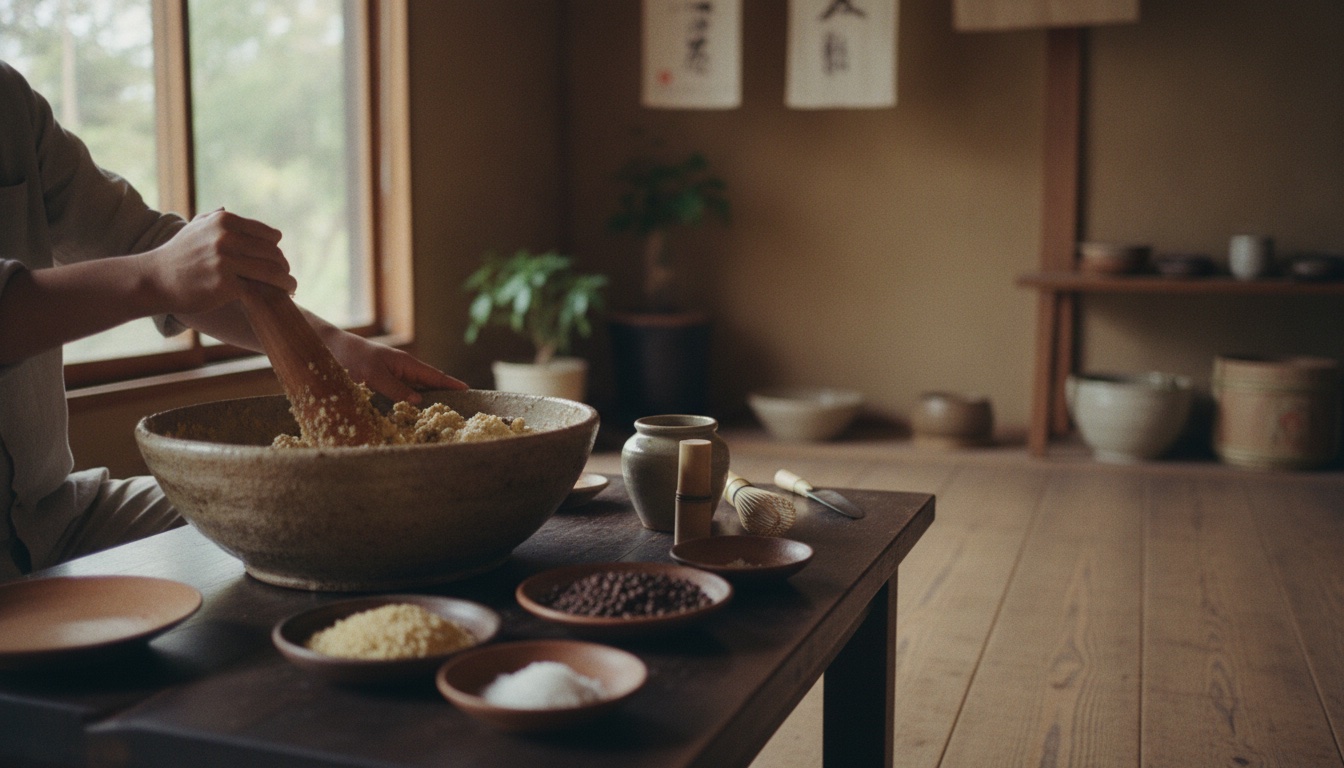 Miso ingredients, tasting bowls, and fermentation tools arranged in an Osaka workshop