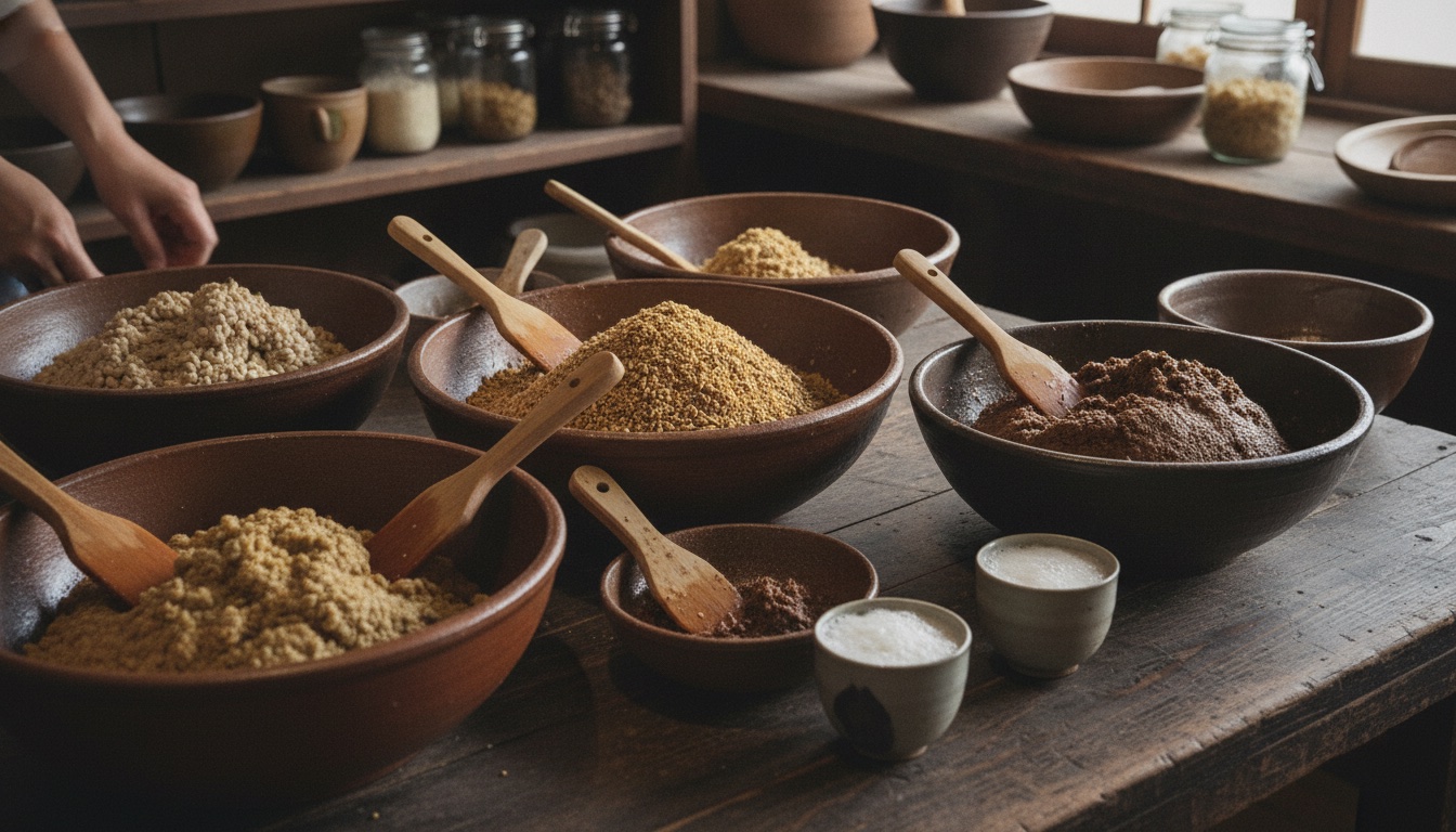 Miso ingredients, koji, and tasting bowls arranged inside a long-running Osaka fermentation shop