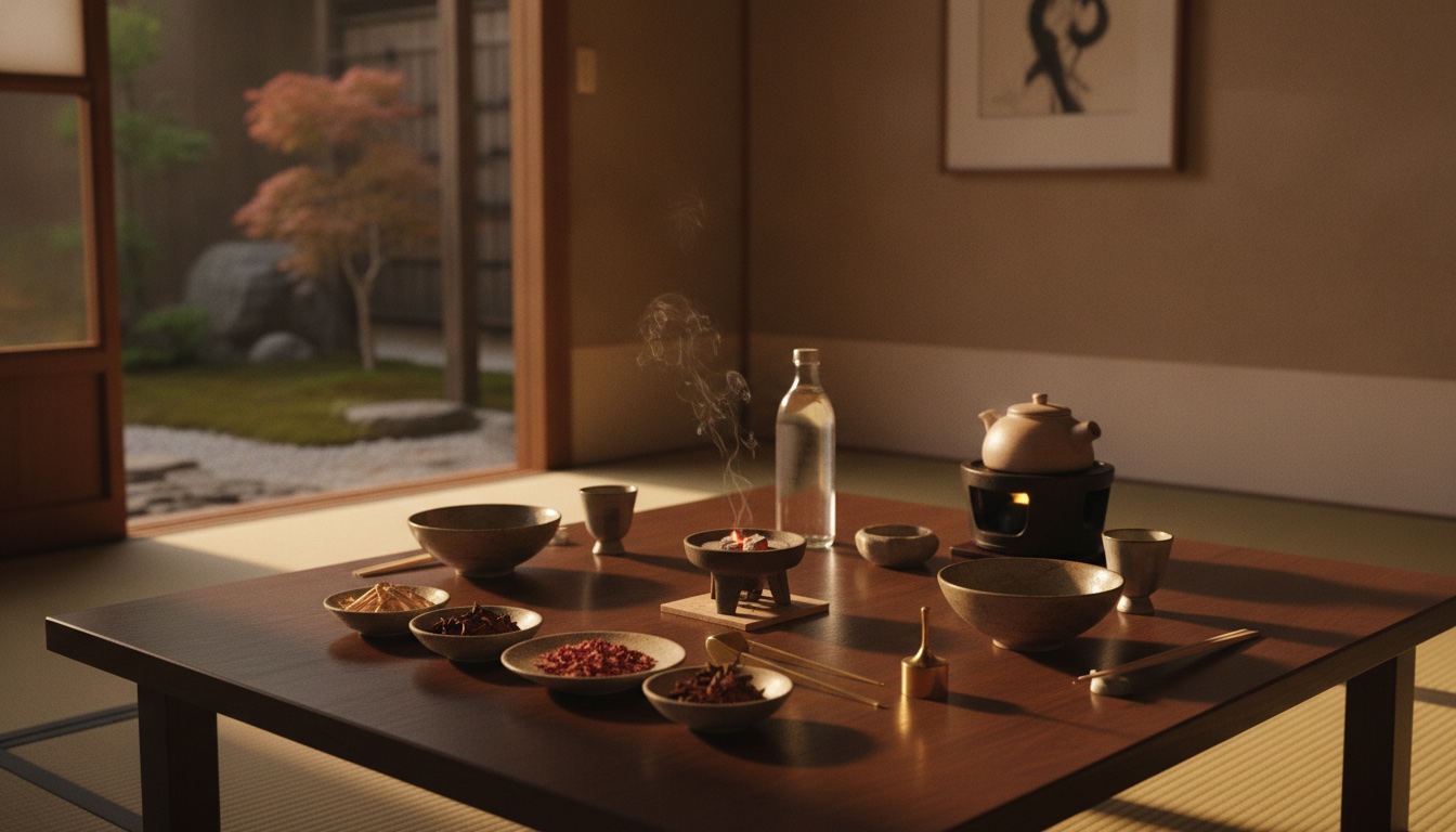Refined incense tools and a calm dining setting prepared for a cultural experience in Osaka