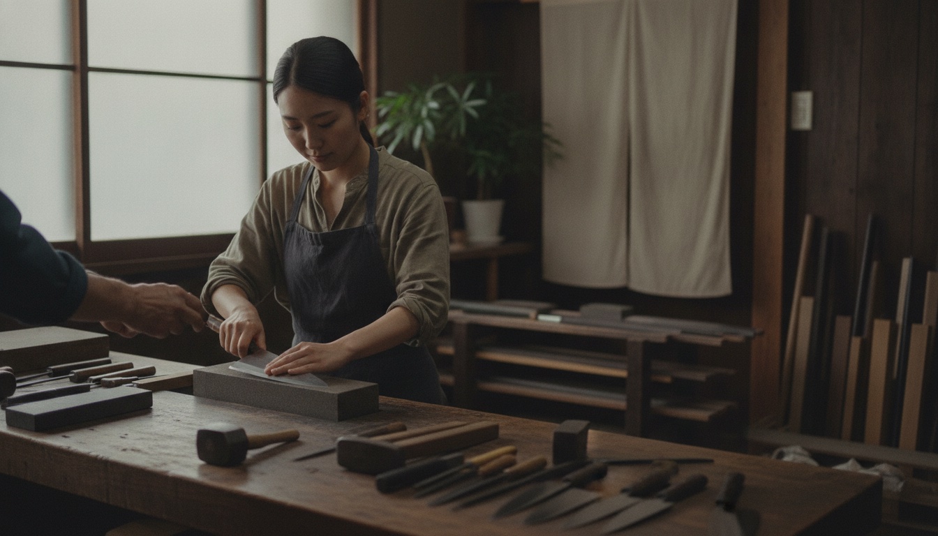 Hands working on a Japanese knife blade at a Sakai craft workshop in Osaka