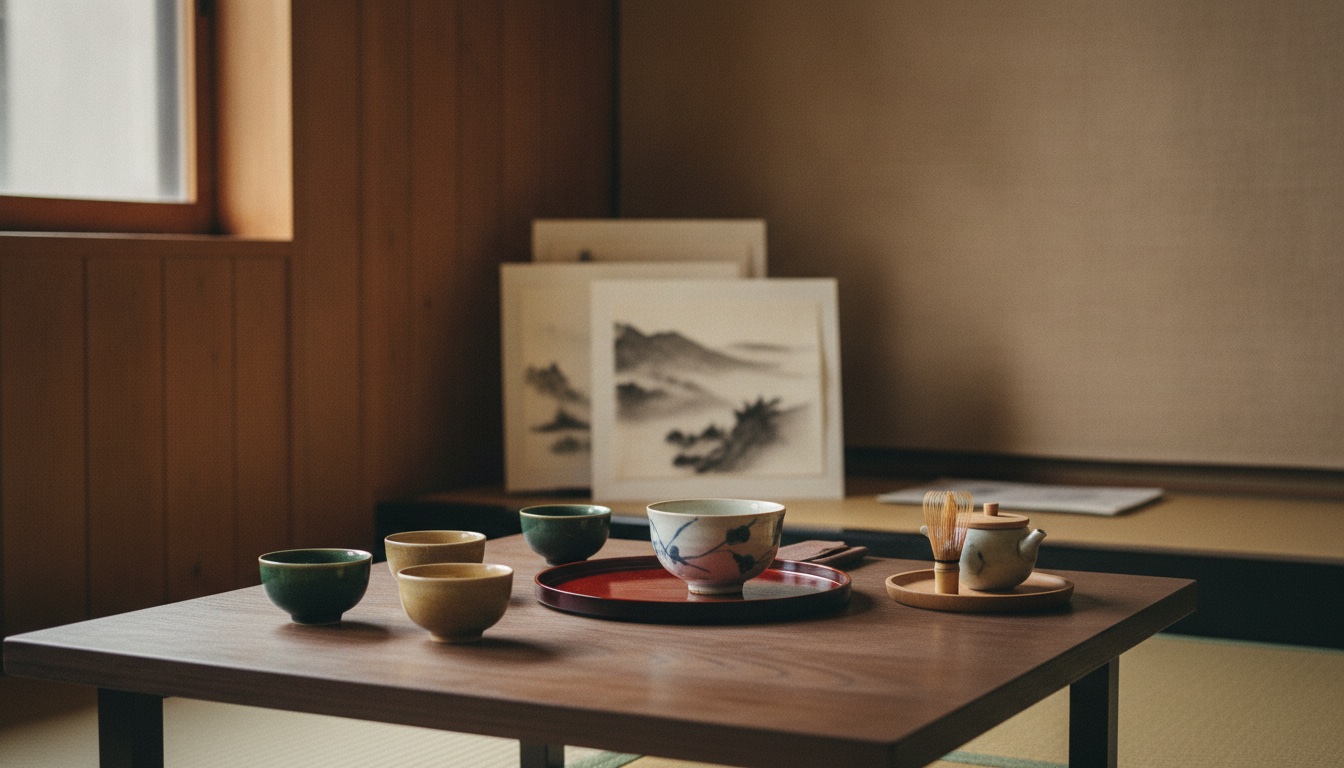 Tea utensils and a quiet salon-like setting prepared for a sencha experience in Osaka