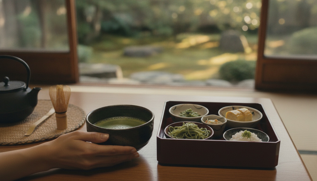Tea utensils and lunch setting arranged for a guided tea culture experience in Sakai