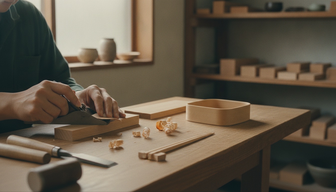Handmade cedar bento box materials and wooden chopsticks arranged in a calm Osaka workshop