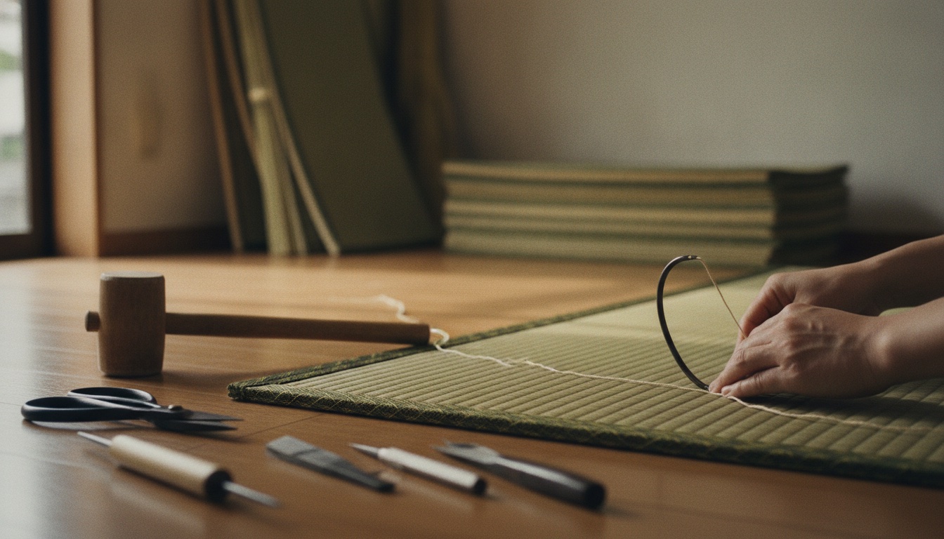 Traditional tatami materials and hand-stitching tools prepared in a Sakai workshop
